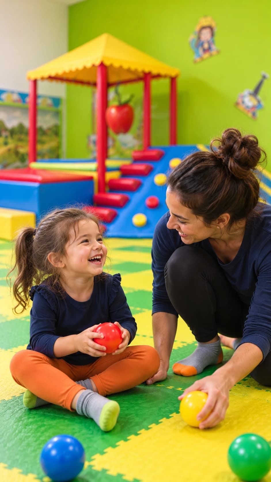 A laughing preschooler holding a soft ball while a caregiver plays alongside