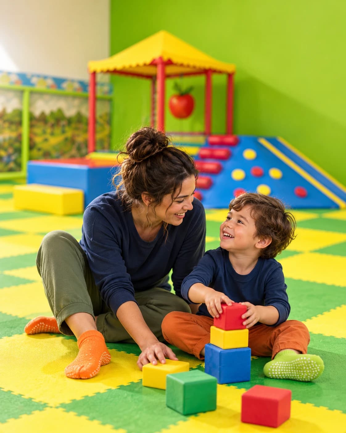 A smiling caregiver and young child stacking soft blocks on the play floor