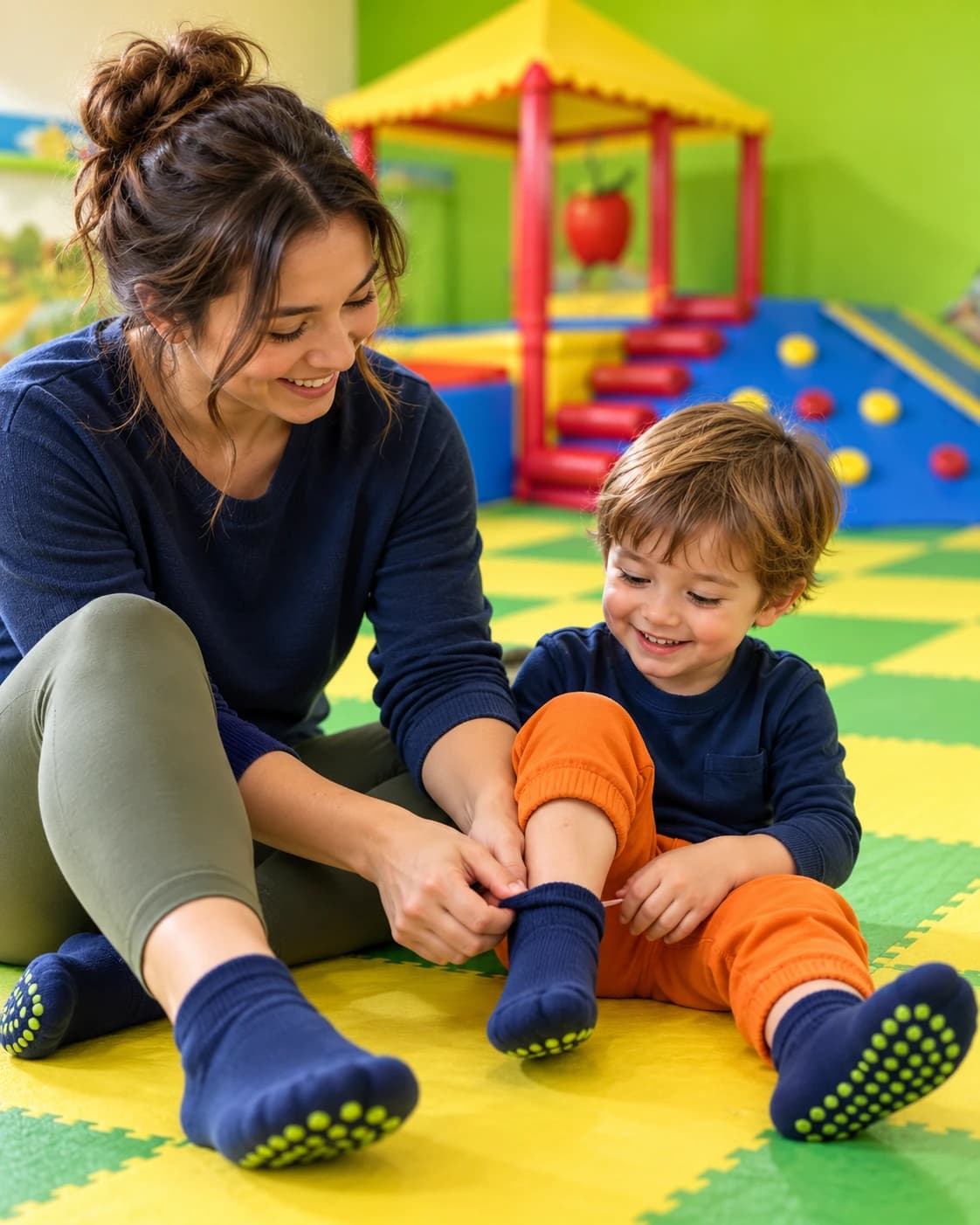 A caregiver helping a toddler pull on grip socks; both wear grip socks